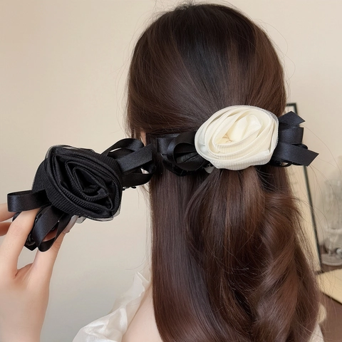 Fermaglio a Banana Fatto a Mano Elegante Francese Rosa in Maglia Stereoscopica Donna Nastro Floreale Accessorio Capelli