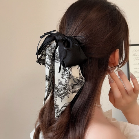 Pince à Cheveux Nœud Papillon à Fleurs à l'Encre Style Néo-Chinois Avec Ruban Vintage Français Grande Pince à Queue de Cheval