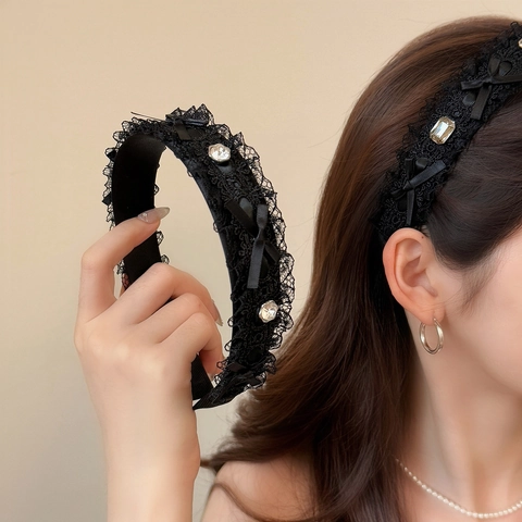 Cerchietto Dolce In Pizzo Con Strass Stile Coreano Elegante Con Fiocco Vintage Bordo Largo Fascia Per Capelli Da Donna