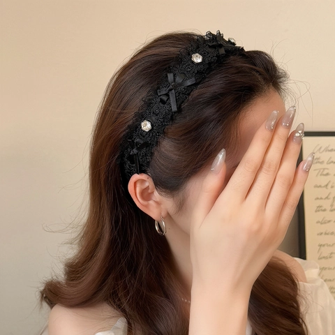 Cerchietto Dolce In Pizzo Con Strass Stile Coreano Elegante Con Fiocco Vintage Bordo Largo Fascia Per Capelli Da Donna