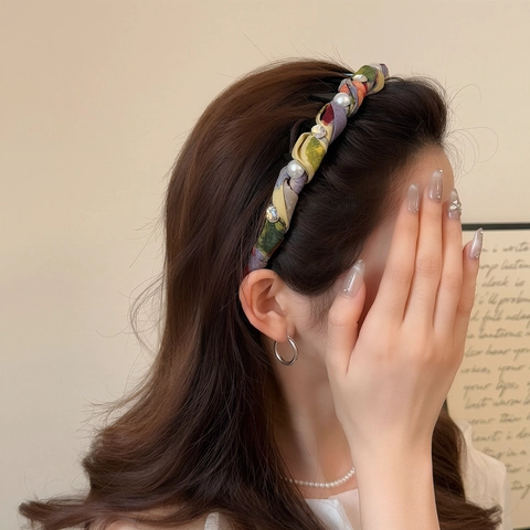 Cerchietto per Capelli in Pizzo Intrecciato Multicolore da Donna Dolce Effetto Alta Testa Antiscivolo Strass Perla Artificiale