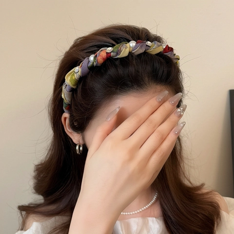 Cerchietto per Capelli in Pizzo Intrecciato Multicolore da Donna Dolce Effetto Alta Testa Antiscivolo Strass Perla Artificiale