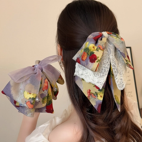 Molletta per Capelli Francese Retrò a Fiocco con Fiori a Olio Donna Stoffa Pizzo Rete Clip per Coda di Cavallo Fatto a Mano