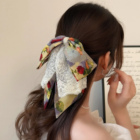 Molletta per Capelli Francese Retrò a Fiocco con Fiori a Olio Donna Stoffa Pizzo Rete Clip per Coda di Cavallo Fatto a Mano