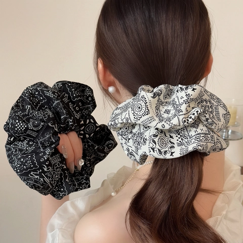 Coleteros de Tela de Gran Tamaño Estilo Coreano Elegante Estampado de Paisley Lazos para el Cabello Coleteros Grandes Plisados Para Mujeres Niñas Accesorios para el Cabello