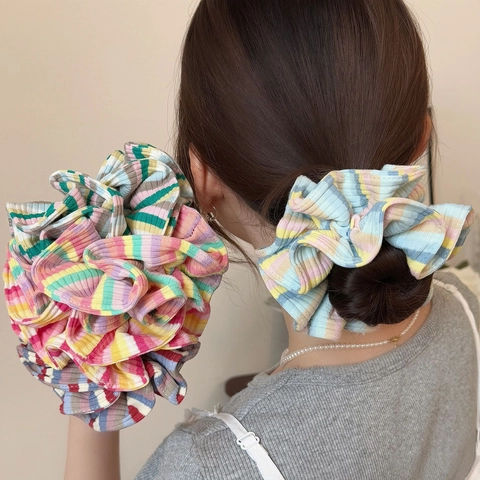 Coletero a Rayas Acanalado Extragrande Colorido Estilo Dopamina Gomas para el Pelo Elásticas Dulce Color de Contraste Mujer