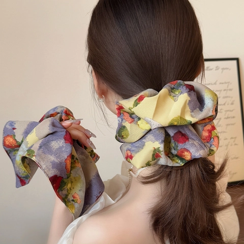 Vintage Oil Painting Floral Fabric Large Scrunchie Retro Hair Ring Elegant Bowknot Scarf Hair Tie For Women Hair Accessories