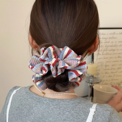 Coletero a Rayas Acanalado Extragrande Colorido Estilo Dopamina Gomas para el Pelo Elásticas Dulce Color de Contraste Mujer