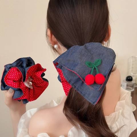 Vintage Denim Rot Gepunktet Patchwork Haargummi Mit Gehäkelter Kirsche Dekoration Süßes Haarband Für Damen Mädchen Accessoire