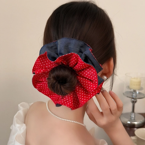 Vintage Denim Rot Gepunktet Patchwork Haargummi Mit Gehäkelter Kirsche Dekoration Süßes Haarband Für Damen Mädchen Accessoire