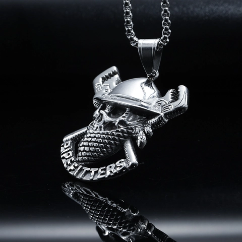 Collier Pendentif Crâne de Tuyauteur en Acier Inoxydable Style Punk Industriel Rétro Bijoux pour Hommes avec Chaîne Vénitienne