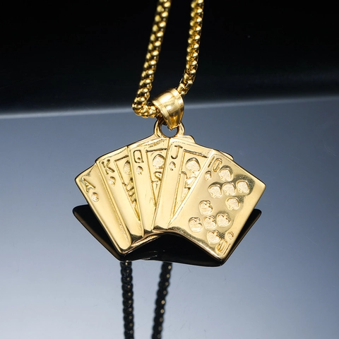 Stainless Steel Royal Flush Poker Pendant Necklace Polished Hip Hop Street Style Jewelry Accessory For Men Women