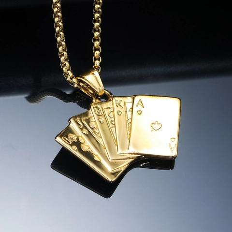 Stainless Steel Royal Flush Poker Pendant Necklace Polished Hip Hop Street Style Jewelry Accessory For Men Women