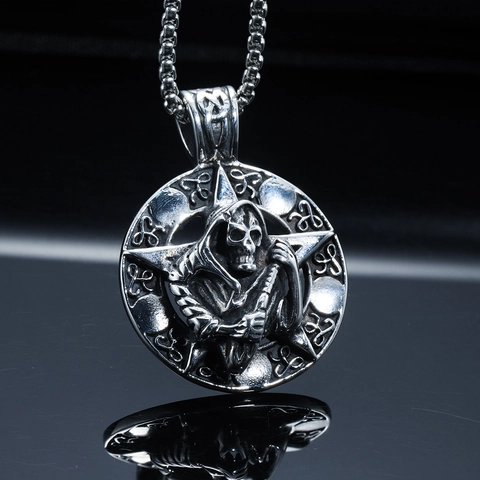 Collar con Colgante de Parca y Pentagrama de Acero Inoxidable Gótico para Hombre Punk Hip Hop Retro Cala Juguetes Joyería Halloween