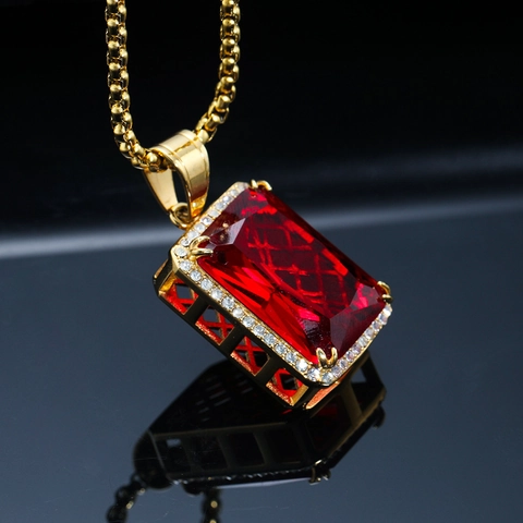 Hip Hop Edelstahl Rechteckig Roter Strass Anhänger Halskette Für Herren Luxus Vergoldet Geometrischer Schmuck Geschenk