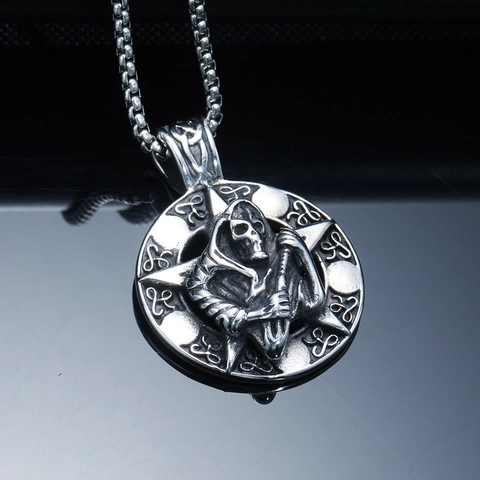 Collar con Colgante de Parca y Pentagrama de Acero Inoxidable Gótico para Hombre Punk Hip Hop Retro Cala Juguetes Joyería Halloween