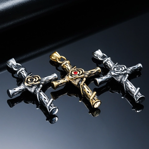 Gothic Retro Edelstahl Rose Blume Kreuz Anhänger Halskette Für Herren Damen Antik Gold Silber Strass Eingelegter Schmuck