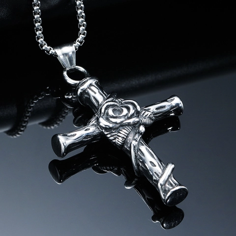 Gothic Retro Edelstahl Rose Blume Kreuz Anhänger Halskette Für Herren Damen Antik Gold Silber Strass Eingelegter Schmuck