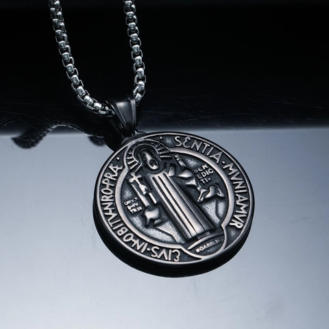 Collar con Colgante de Medalla de San Benito de Acero Inoxidable Vintage para Hombre Mujer Joyería Amuleto Religioso