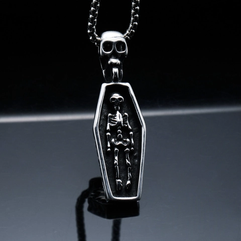 Gothic Coffin Skeleton Pendant Necklace Stainless Steel Skull Titanium Steel Vintage Punk Hip Hop Trendy Men Women Jewelry