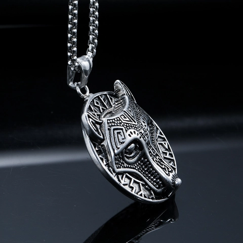 Viking Wolf Head Necklace For Men Stainless Steel Norse Runes Pendant With Box Chain Retro Punk Gothic Jewelry Gift