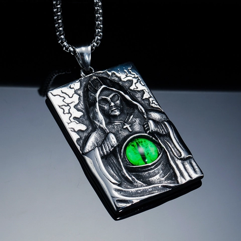 Collana con Ciondolo Tristo Mietitore Gotico Acciaio Inossidabile Argento Antico Punk Rilievo Pietra Verde Gioielli Uomo Donna