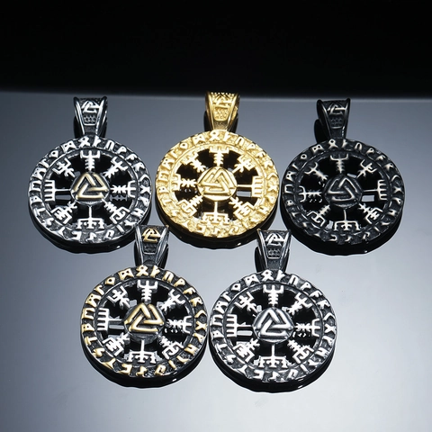 Viking Rune Round Pendant Necklace Men Stainless Steel Valknut Odin Symbol Retro Nordic Mythology Jewelry For Men Women