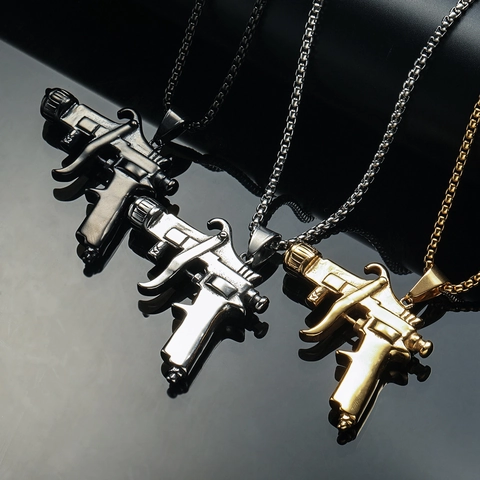 Hip Hop Stainless Steel Pistol Spray Gun Pendant Necklace For Men Women Punk Street Wear Individual Trendy Jewelry