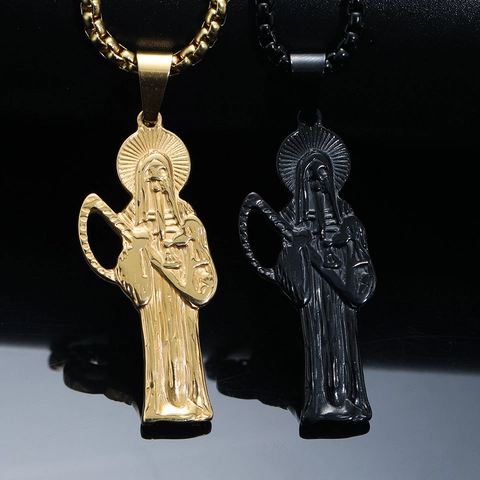 Vintage Punk Santa Muerte Grim Reaper Pendant Necklace Stainless Steel Polished Scythe Skeleton Religious Gothic Jewelry Gift Men