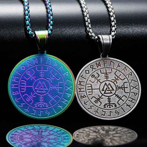 Viking Compass Vegvisir Pendant Necklace Titanium Steel Runes Valknut Jewelry Retro Norse Talisman For Men Women Necklaces