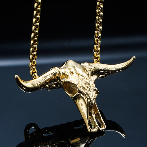 Collar con Colgante de Calavera de Toro Longhorn de Acero Inoxidable Hip Hop Punk para Hombre Oro Gótico