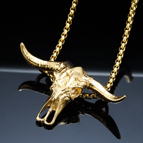 Collar con Colgante de Calavera de Toro Longhorn de Acero Inoxidable Hip Hop Punk para Hombre Oro Gótico