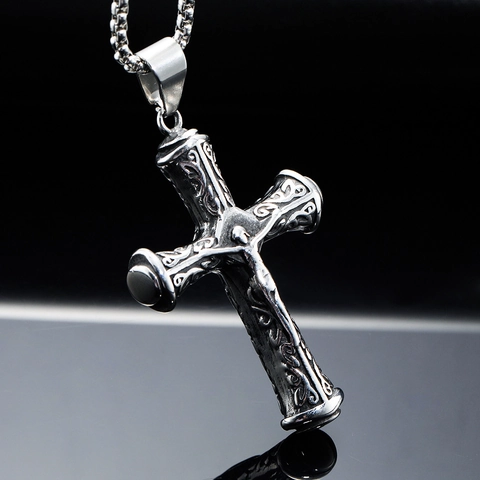 Retro Roestvrij Staal Jezus Kruis Hanger Ketting Vintage Gegraveerde Mythologie Medaillon Voor Mannen Gotische Sieraden Dubbelzijdig Reliëf Accessoire