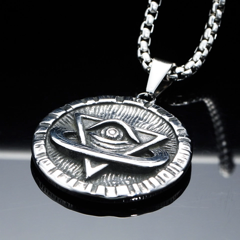 Collar con Colgante de Ojo de la Providencia de Acero Inoxidable Hip Hop Medalla de Moneda Redonda Joyería para Hombre Mujer