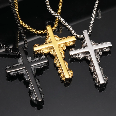 Collier Punk Gothique en Acier Inoxydable Avec Pendentif Croix et Tête de Mort pour Homme Femme Hip Hop Bijoux en Métal Poli