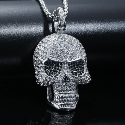 Hip Hop Titanium Steel Skull Pendant Necklace For Men Women Trendy Personality Multi-color Full Rhinestone Skull Pendant Gothic Punk Jewelry