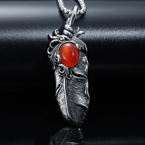 Collana con Pendente a Piuma in Acciaio al Titanio Vintage con Pietra Preziosa Rossa Intarsiata Collana a Catena per Uomo Donna