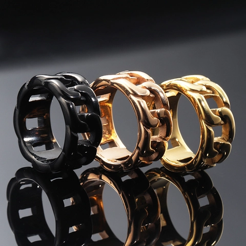 Minimalist Stainless Steel Cuban Link Chain Ring For Men Women Punk Streetwear Gold Silver Black Rose Gold Hollow Band Ring Jewelry