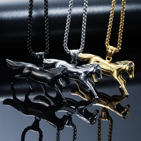 Collar con Colgante de Caballo de Acero Inoxidable Pulido Hip Hop para Hombres Joyas de Amuleto de Animal Retro Sin Cadena