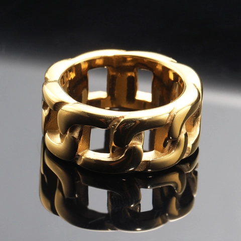 Minimalist Stainless Steel Cuban Link Chain Ring For Men Women Punk Streetwear Gold Silver Black Rose Gold Hollow Band Ring Jewelry
