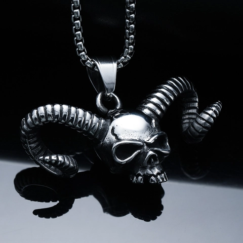 Collar con Colgante de Calavera con Cuernos de Carnero Punk Gótico para Hombre de Acero Inoxidable Joyería Hip Hop Rock Biker