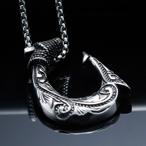 Retro Wikinger Angelhaken Titanstahl Anhänger Halskette Geschnitzte Punk Stil Nautischer Schmuck Für Herren Jungen Geschenk