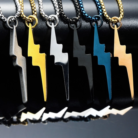 Stainless Steel Lightning Bolt Pendant Necklace Geometric Flash Shape Jewelry For Men Women Trendy Punk Style Necklace