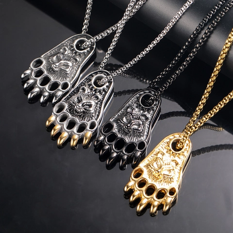 Collier Pendentif Relief Patte d'Ours Tête de Loup Viking Pour Hommes Acier Inoxydable Titane Hip Hop Gothique Bijoux