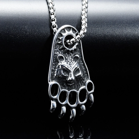 Collier Pendentif Relief Patte d'Ours Tête de Loup Viking Pour Hommes Acier Inoxydable Titane Hip Hop Gothique Bijoux