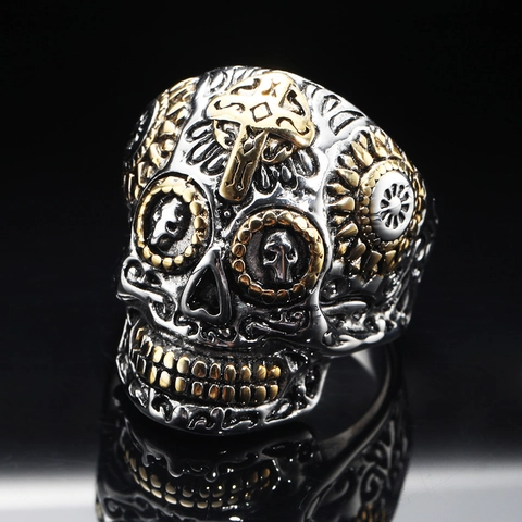 Orecchini ad Anello Teschio Gothic Punk Acciaio Inossidabile Titanio Croce Incisa Bicolore Gioielli Uomo Halloween Festa Hip Hop