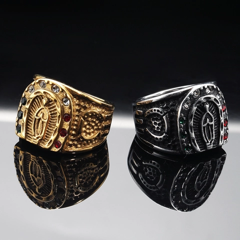 Vintage Religious Virgin Mary Stainless Steel Ring For Men Horseshoe Rhinestone Inlaid Hip Hop Punk Jewelry Finger Ring