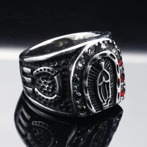 Vintage Religious Virgin Mary Stainless Steel Ring For Men Horseshoe Rhinestone Inlaid Hip Hop Punk Jewelry Finger Ring