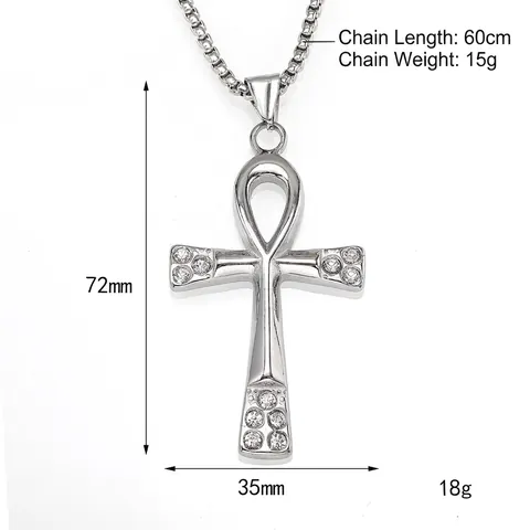 Vintage Egyptian Ankh Cross Pendant Necklace Stainless Steel Key Of Life Jewelry Rhinestone Inlaid Religious Accessories