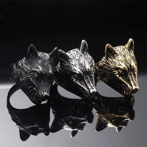 Viking Wolf Head Ring For Men Titanium Steel Punk Gothic Animal Finger Ring Electroplated Carving Jewelry Accessory